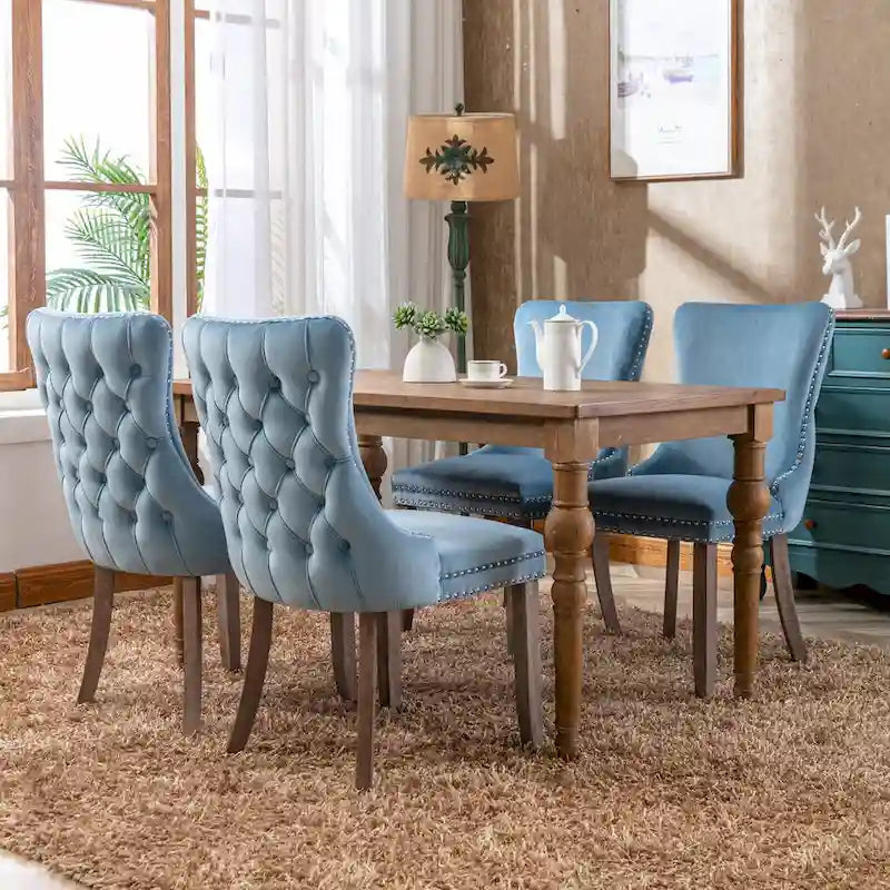 Silla de comedor con respaldo de terciopelo, tapizado con tachuelas, asiento individual - Azul / Negro / Dorado / Beige / Gris / Azul claro