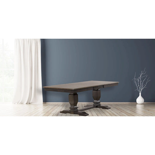 Mesa de comedor de madera maciza gris antiguo – Capacidad 6-8, Pedestal doble de transición