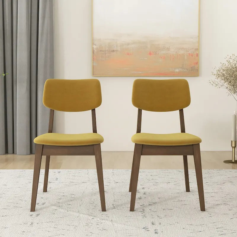 Sillas de comedor de terciopelo de mediados de siglo color naranja quemado / amarillo oscuro / azul, juego de 2