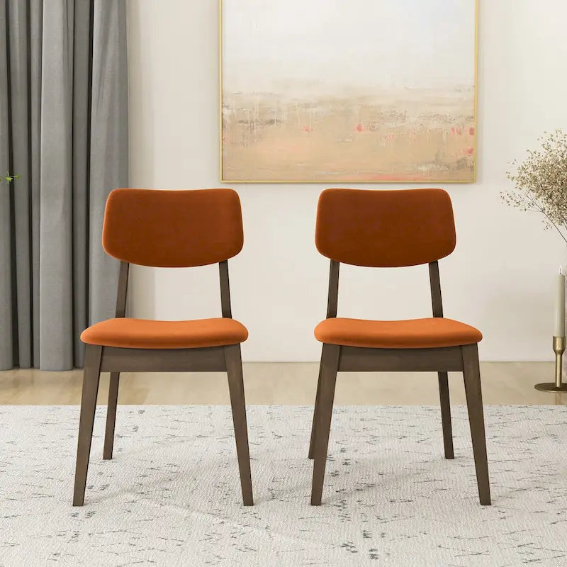 Sillas de comedor de terciopelo de mediados de siglo color naranja quemado / amarillo oscuro / azul, juego de 2