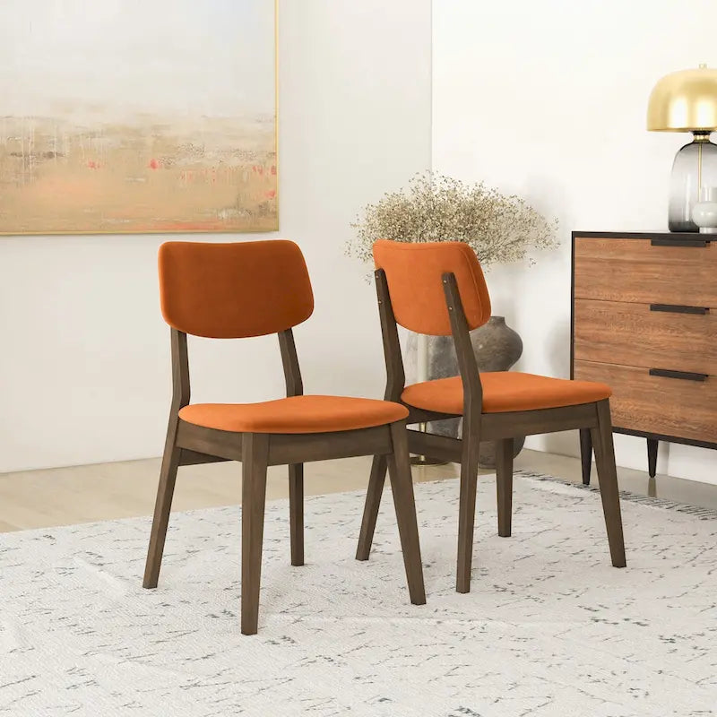 Sillas de comedor de terciopelo de mediados de siglo color naranja quemado / amarillo oscuro / azul, juego de 2