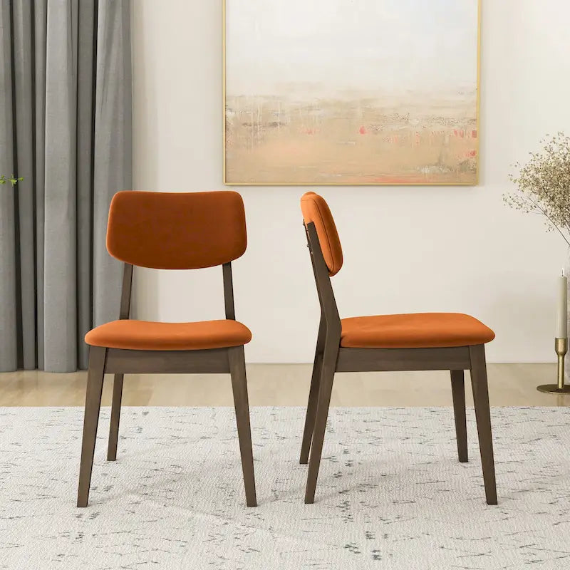 Sillas de comedor de terciopelo de mediados de siglo color naranja quemado / amarillo oscuro / azul, juego de 2