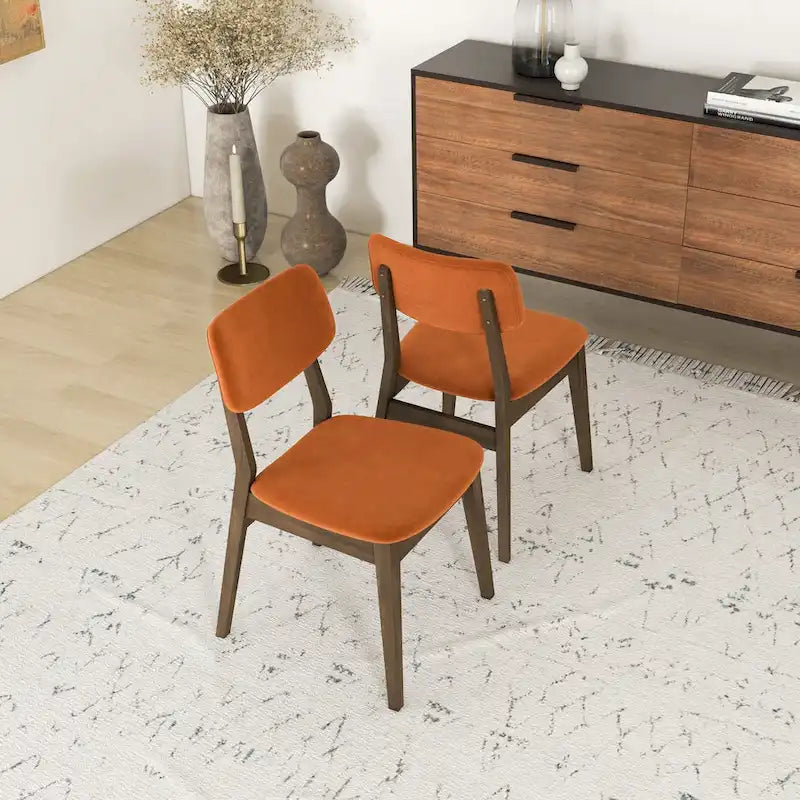 Sillas de comedor de terciopelo de mediados de siglo color naranja quemado / amarillo oscuro / azul, juego de 2