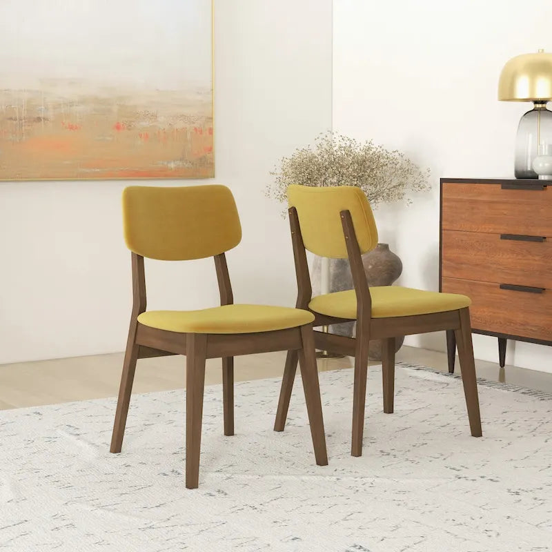 Sillas de comedor de terciopelo de mediados de siglo color naranja quemado / amarillo oscuro / azul, juego de 2