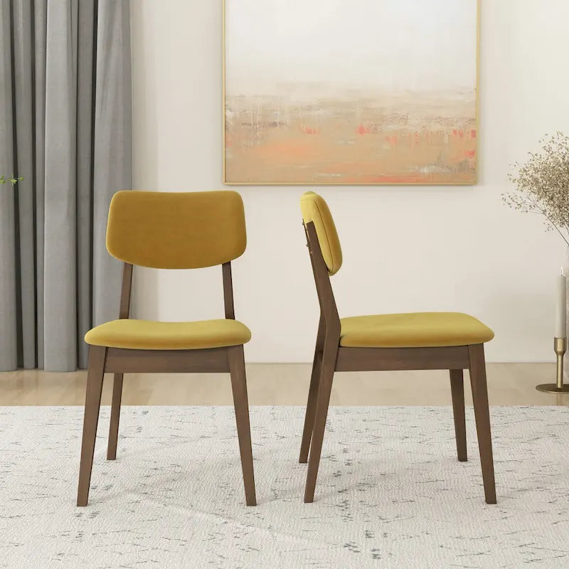 Sillas de comedor de terciopelo de mediados de siglo color naranja quemado / amarillo oscuro / azul, juego de 2