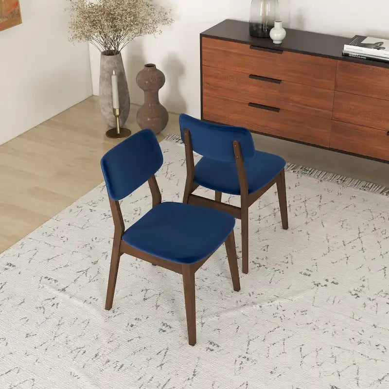 Sillas de comedor de terciopelo de mediados de siglo color naranja quemado / amarillo oscuro / azul, juego de 2