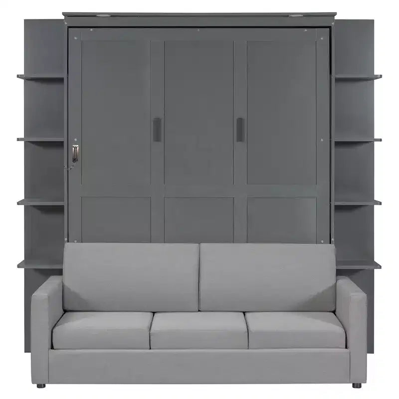 Queen Murphy Bed Wall Bed with Sofa, Queen Size Cabinet Bed Folding Wall Bed with Bookshelf and Shelves for Guest Room Office