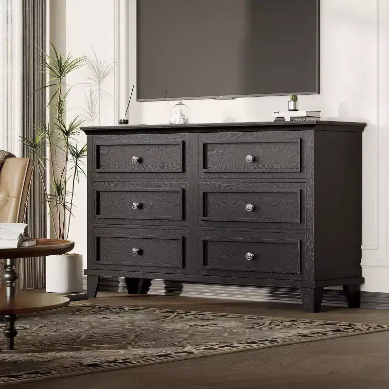 Dresser for Bedroom, 6 Drawer Wide Dresser Storage Organizer, Modern Wooden Chest of Drawers with Metal Handles for Hallway, Entryway, Home Office