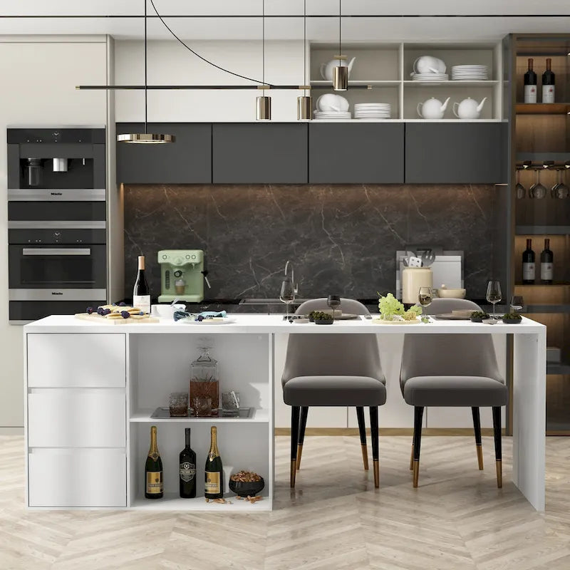 Isla de cocina blanca con almacenaje – 82.7" An., Asientos para 2–4
