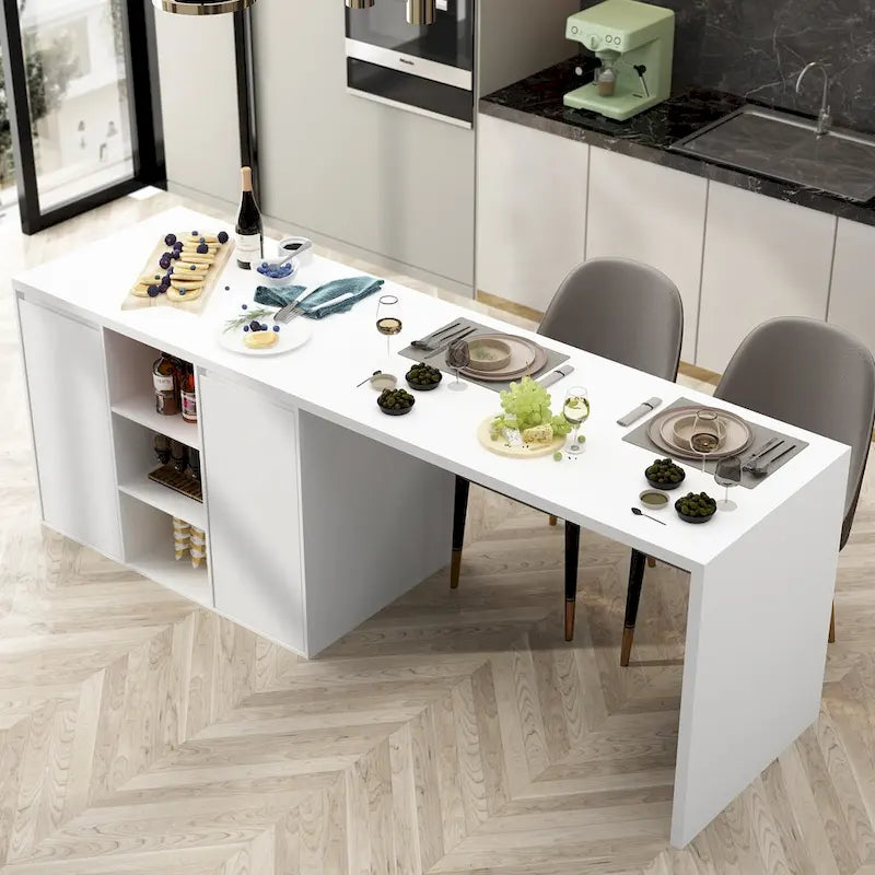 Isla de cocina blanca con almacenaje – 82.7" An., Asientos para 2–4