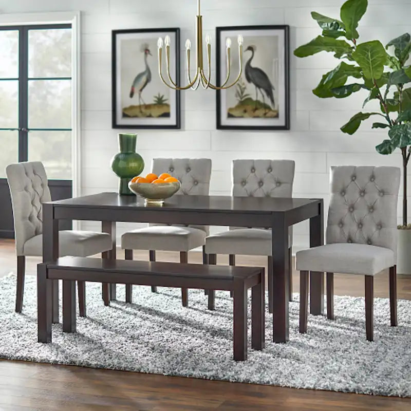 Ensemble de salle à manger 6 pièces Simple Living Annie Espresso, en hévéa gris et tissu, avec banc