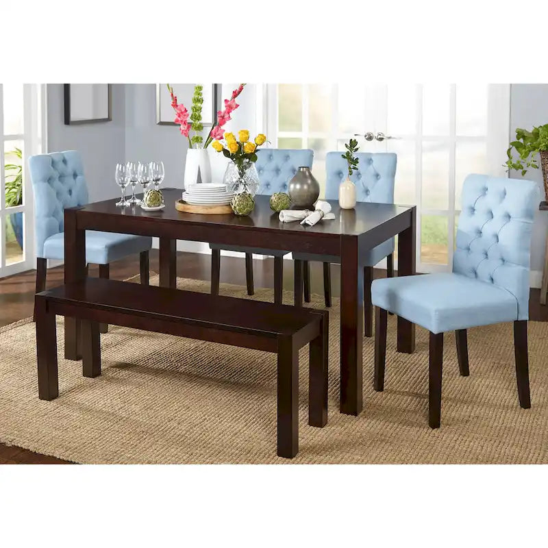 Juego de comedor de 6 piezas con banco Simple Living Annie Espresso, madera de caucho gris y tela
