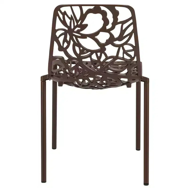 LeisureMod Devon 3-Piece Aluminum Outdoor Patio Dining Set with Tempered Glass Top Table and 2 Stackable Flower Design Chairs