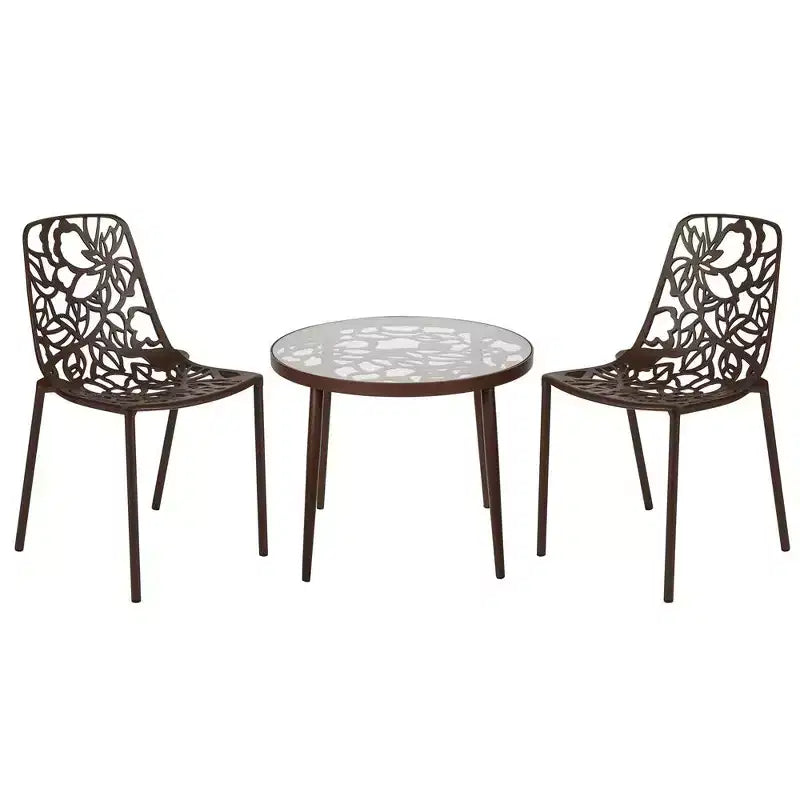 LeisureMod Devon 3-Piece Aluminum Outdoor Patio Dining Set with Tempered Glass Top Table and 2 Stackable Flower Design Chairs