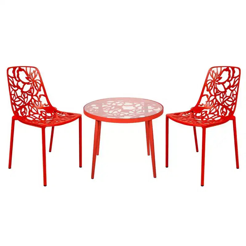 LeisureMod Devon 3-Piece Aluminum Outdoor Patio Dining Set with Tempered Glass Top Table and 2 Stackable Flower Design Chairs