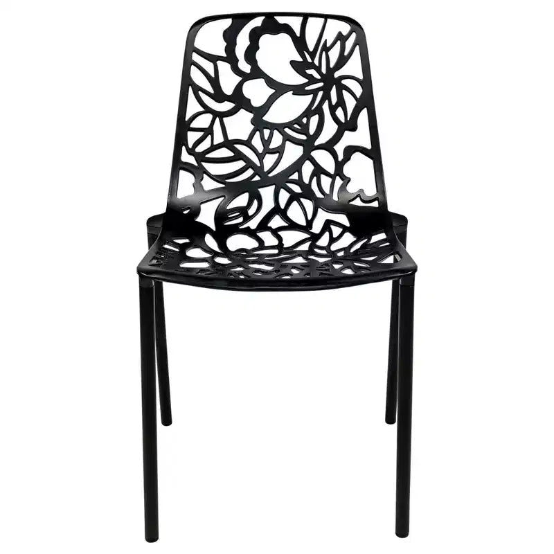 LeisureMod Devon 5-Piece Outdoor Dining Set - Round Glass Table with 4 Black Flower Design Stackable Chairs