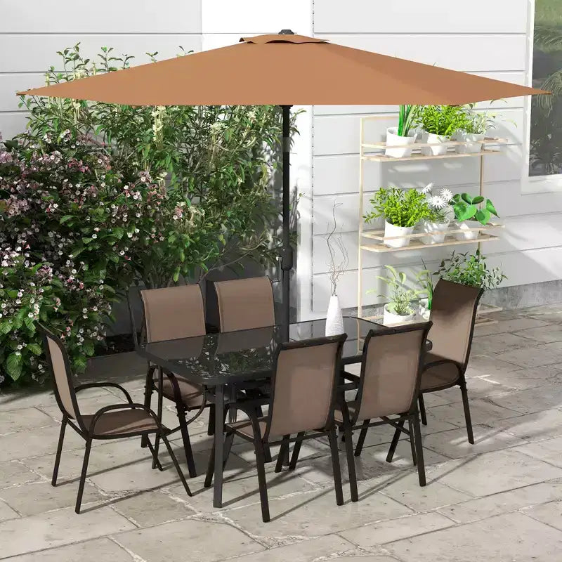 Outsunny 8 Piece Patio Furniture Set with Umbrella, Outdoor Dining Table and Chairs, 6 Chairs, Push Button Tilt and Crank Parasol, Glass Top