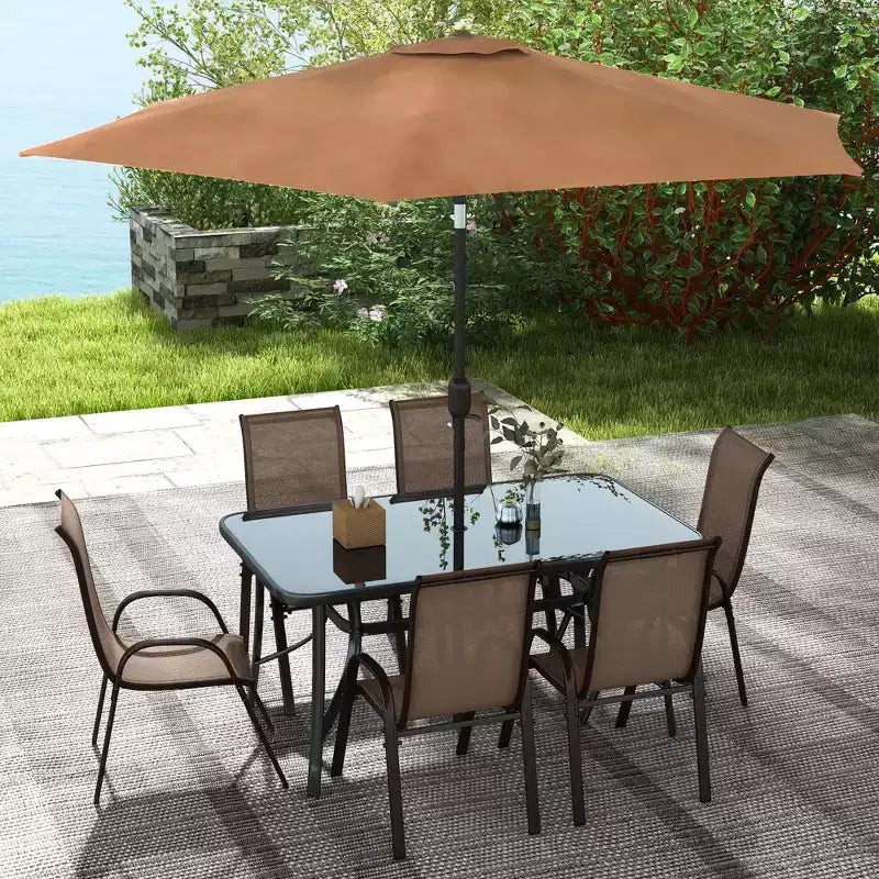 Outsunny 8 Piece Patio Furniture Set with Umbrella, Outdoor Dining Table and Chairs, 6 Chairs, Push Button Tilt and Crank Parasol, Glass Top