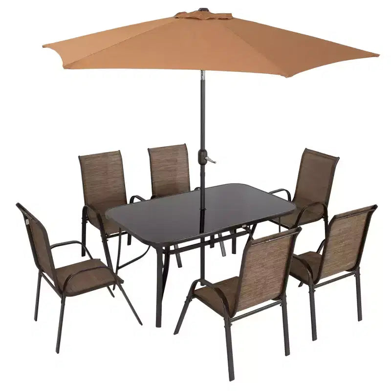 Outsunny 8 Piece Patio Furniture Set with Umbrella, Outdoor Dining Table and Chairs, 6 Chairs, Push Button Tilt and Crank Parasol, Glass Top