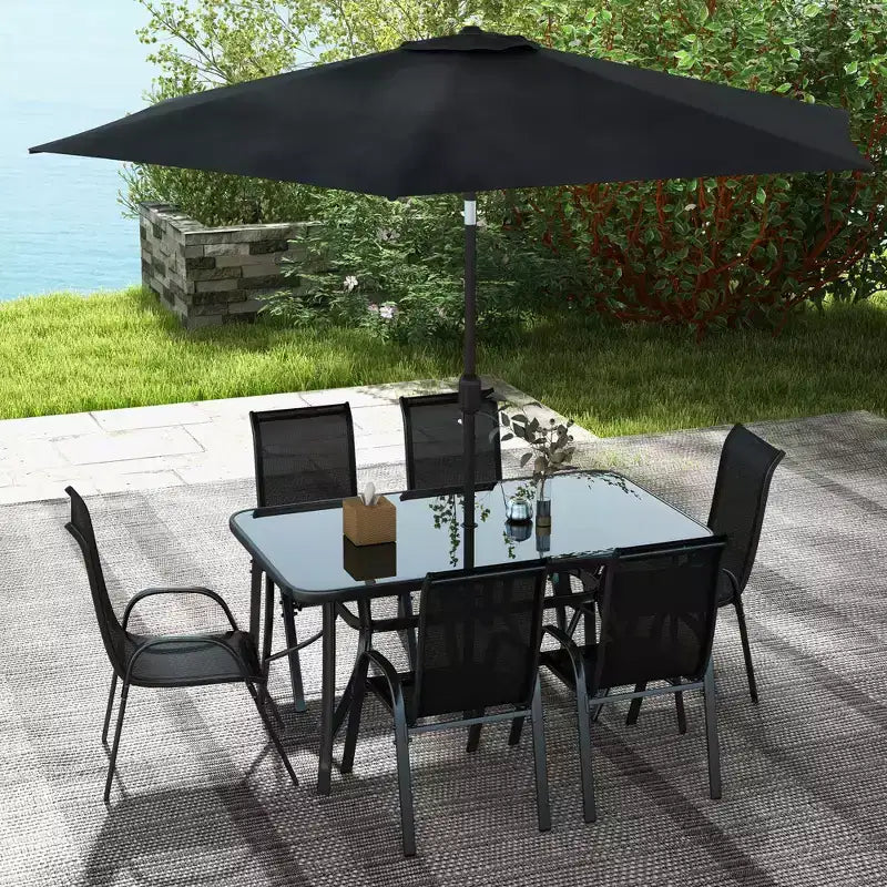 Outsunny 8 Piece Patio Furniture Set with Umbrella, Outdoor Dining Table and Chairs, 6 Chairs, Push Button Tilt and Crank Parasol, Glass Top