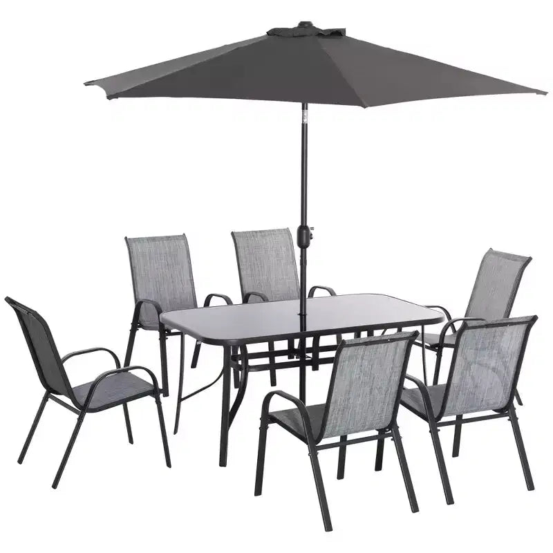 Outsunny 8 Piece Patio Furniture Set with Umbrella, Outdoor Dining Table and Chairs, 6 Chairs, Push Button Tilt and Crank Parasol, Glass Top