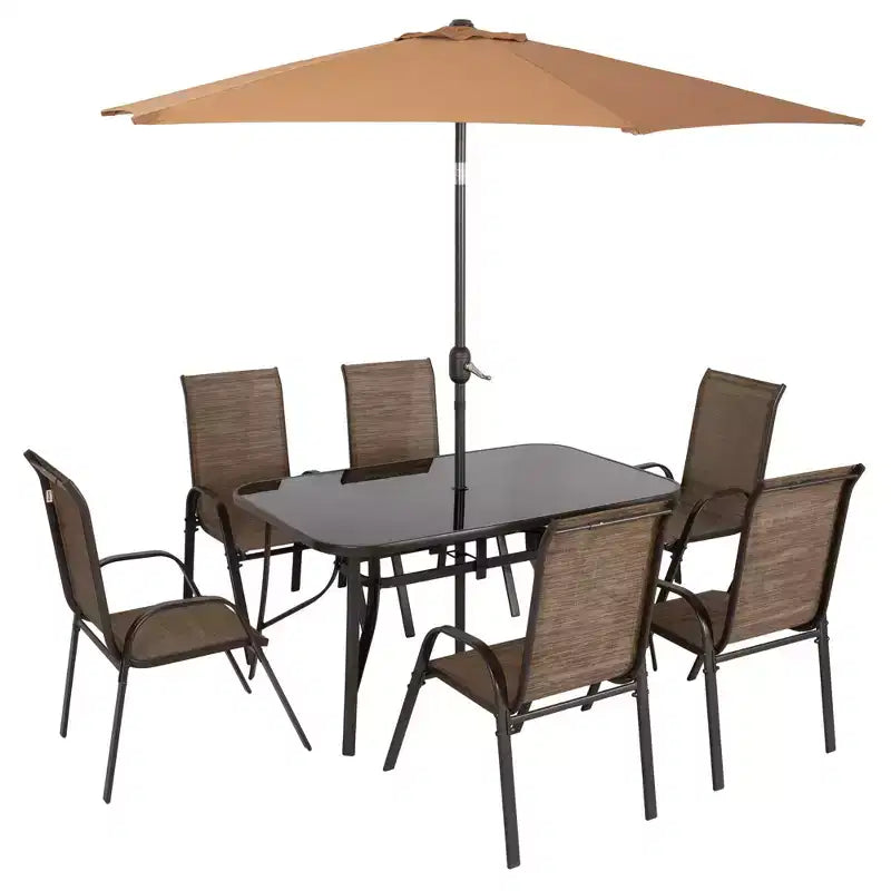 Outsunny 8 Piece Patio Furniture Set with Umbrella, Outdoor Dining Table and Chairs, 6 Chairs, Push Button Tilt and Crank Parasol, Glass Top