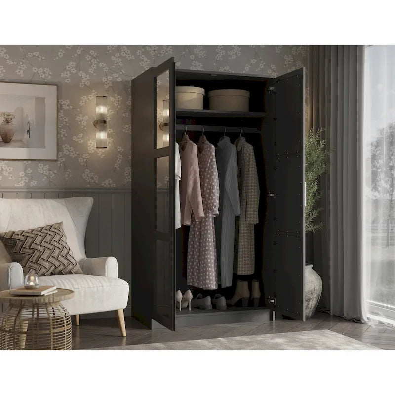 100% Solid Wood 2-Door Urban Wardrobe Armoire with Solid and Mirrored Doors