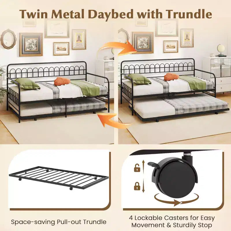 Costway Twin Daybed with Trundle Curved Backrest & Armrests Heavy-duty Metal Slats Black/Gold