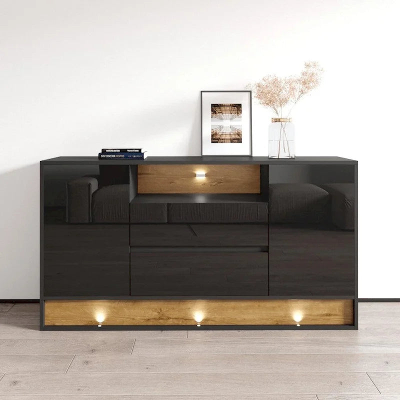 Aparador de 160 cm de Roble Blanco/Negro, Alto Brillo, con Iluminación LED y 2 Puertas