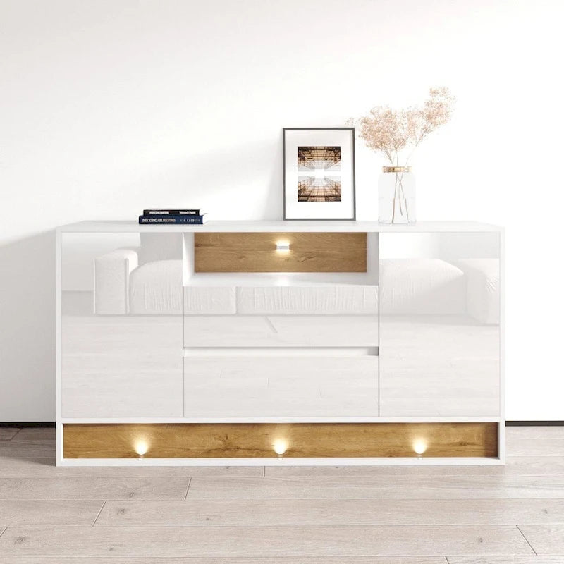 Aparador de 160 cm de Roble Blanco/Negro, Alto Brillo, con Iluminación LED y 2 Puertas