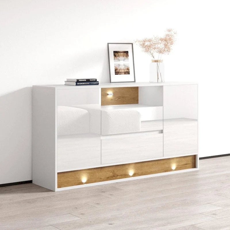 Aparador de 160 cm de Roble Blanco/Negro, Alto Brillo, con Iluminación LED y 2 Puertas