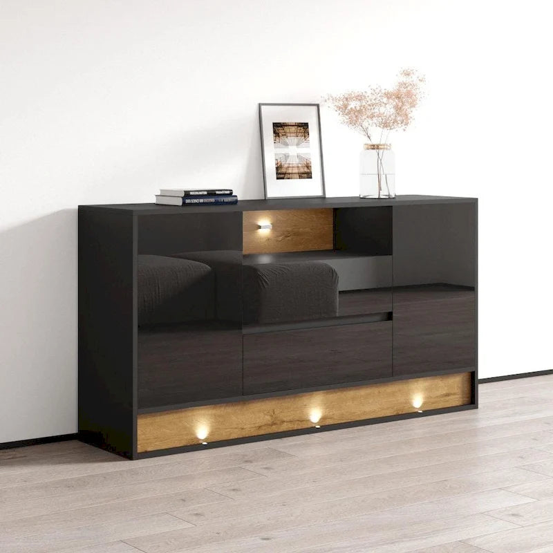 Aparador de 160 cm de Roble Blanco/Negro, Alto Brillo, con Iluminación LED y 2 Puertas