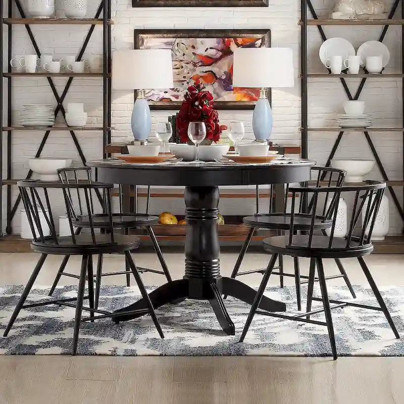 Mesa de comedor de pedestal redonda negra - Estilo clásico, 4 comensales