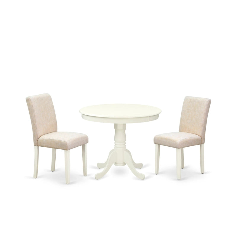 Juego de mesa de comedor East West Furniture - Una mesa de cocina redonda y sillas de tela de lino beige claro, blanco lino (opciones de piezas)