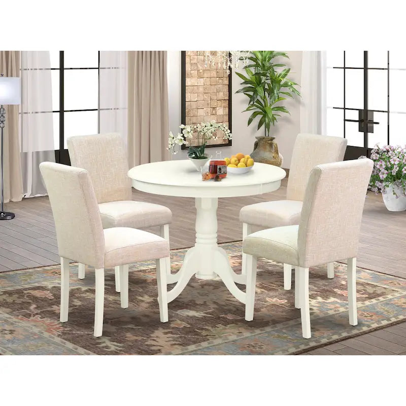 Juego de mesa de comedor East West Furniture - Una mesa de cocina redonda y sillas de tela de lino beige claro, blanco lino (opciones de piezas)