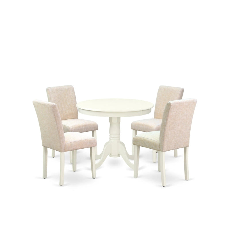 Juego de mesa de comedor East West Furniture - Una mesa de cocina redonda y sillas de tela de lino beige claro, blanco lino (opciones de piezas)