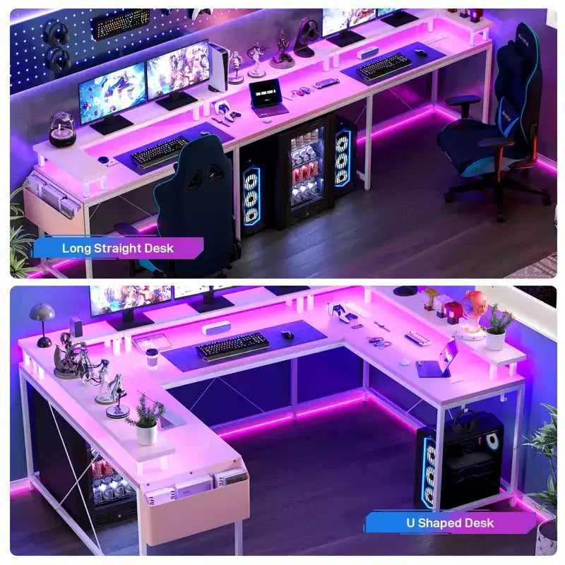 COZONY 78 U/L Shaped Gaming Desk, Reversible Computer Desk with Power Outlets, LED Lights, Monitor Stand & Storage Shelf, Corner Desk for Home Office
