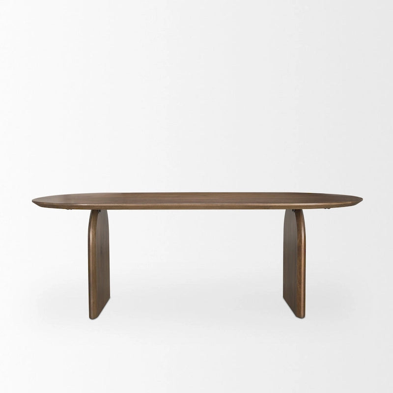 Mesa de comedor ovalada de color marrón oscuro con patas arqueadas, para 6 personas — 86.5"L x 39"W x 30"H