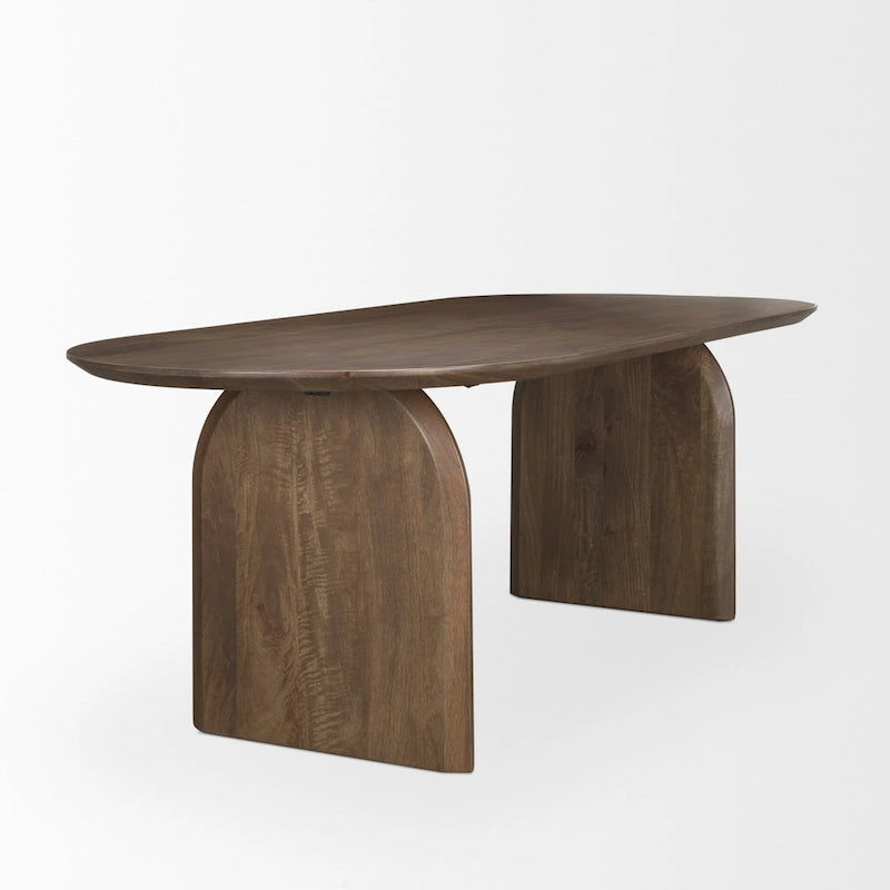 Mesa de comedor ovalada de color marrón oscuro con patas arqueadas, para 6 personas — 86.5"L x 39"W x 30"H