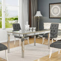 Mesa de comedor rectangular crema y dorada, capacidad para 8 personas