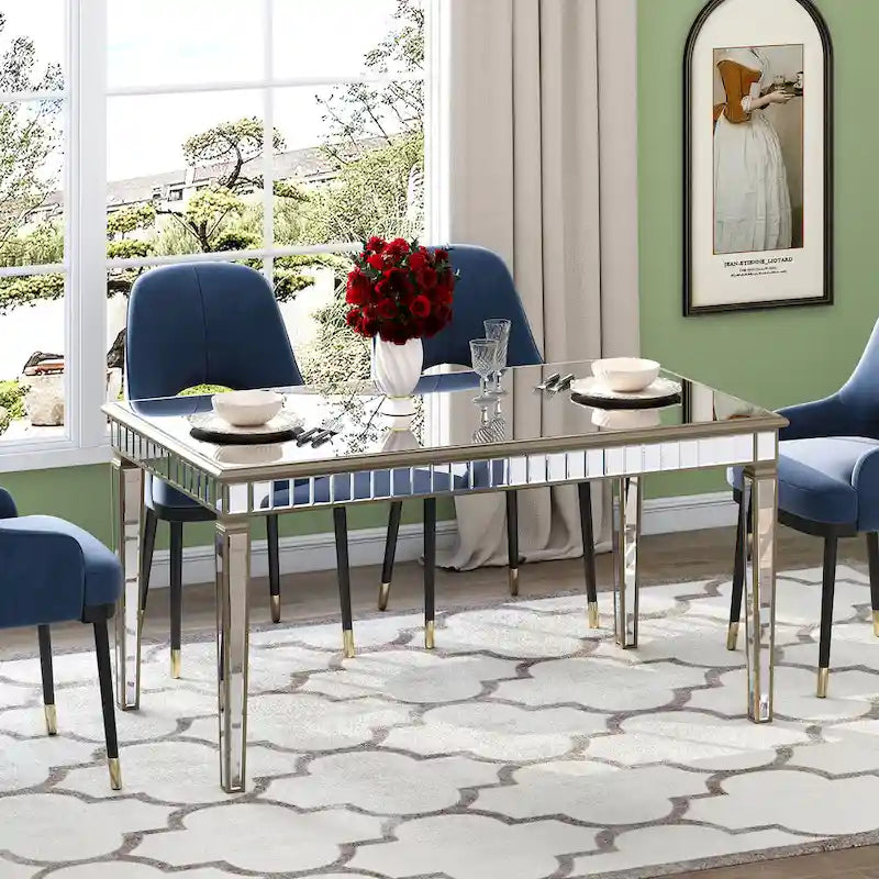 Mesa de comedor rectangular crema y dorada, capacidad para 8 personas