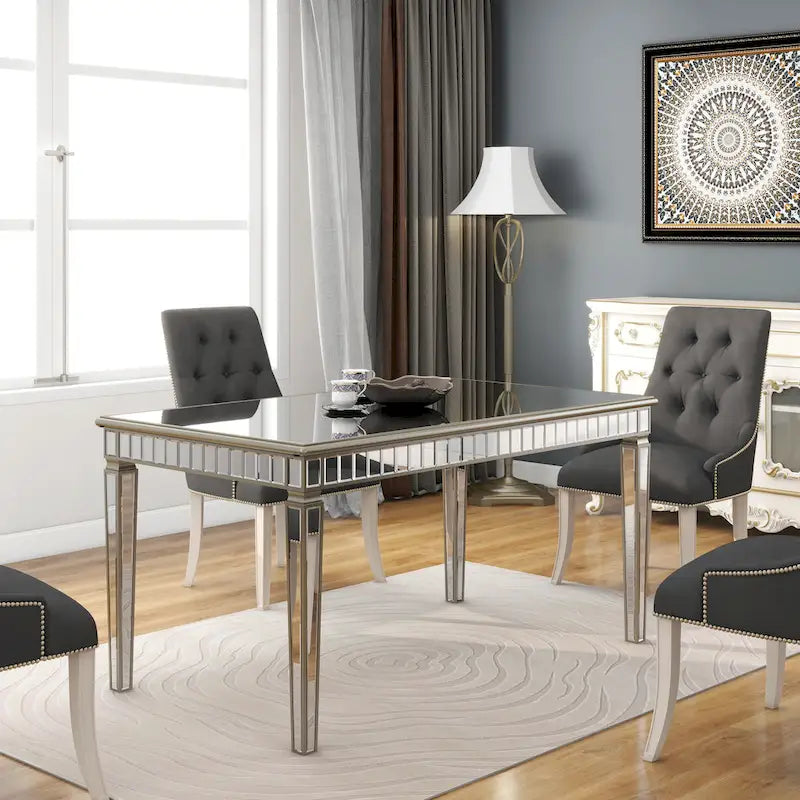 Mesa de comedor rectangular crema y dorada, capacidad para 8 personas