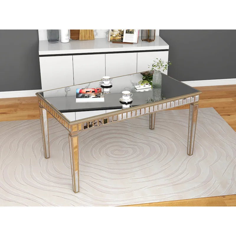 Mesa de comedor rectangular crema y dorada, capacidad para 8 personas