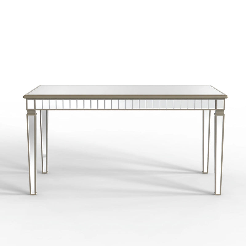 Mesa de comedor rectangular crema y dorada, capacidad para 8 personas