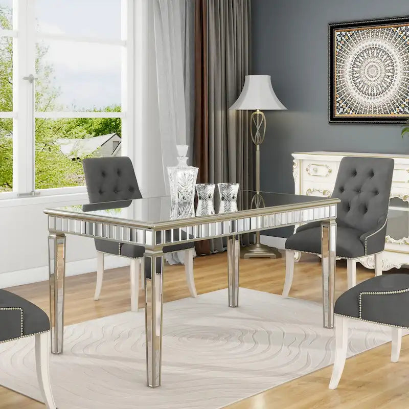 Mesa de comedor rectangular crema y dorada, capacidad para 8 personas