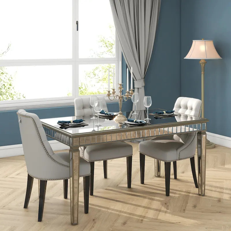 Mesa de comedor rectangular crema y dorada, capacidad para 8 personas