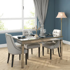 Mesa de comedor rectangular crema y dorada, capacidad para 8 personas