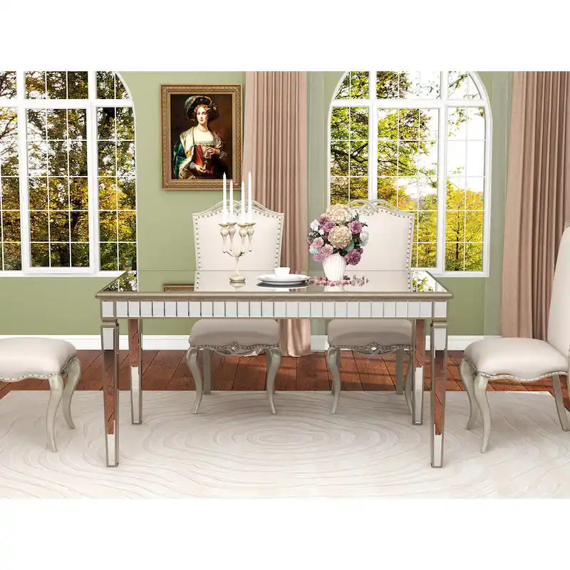 Mesa de comedor rectangular crema y dorada, capacidad para 8 personas