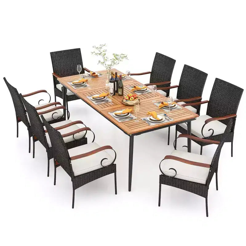 Costway Ensemble de salle à manger d'extérieur 9 pièces avec plateau de table en bois d'acacia et trou pour parasol de 1,9 po