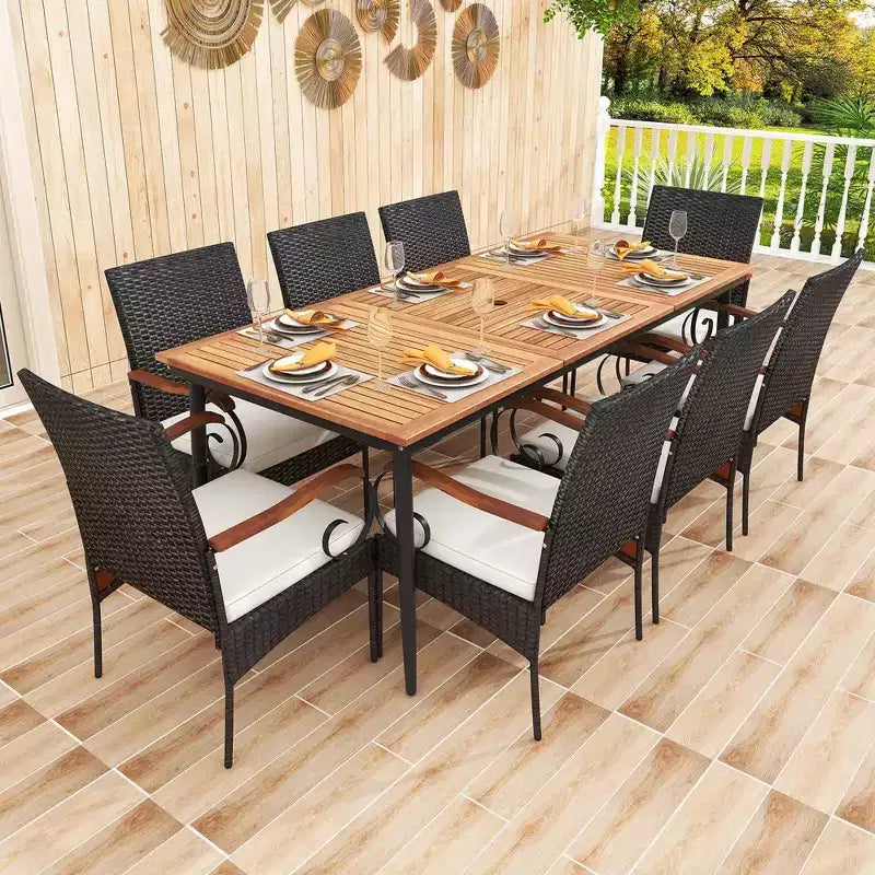 Costway Ensemble de salle à manger d'extérieur 9 pièces avec plateau de table en bois d'acacia et trou pour parasol de 1,9 po